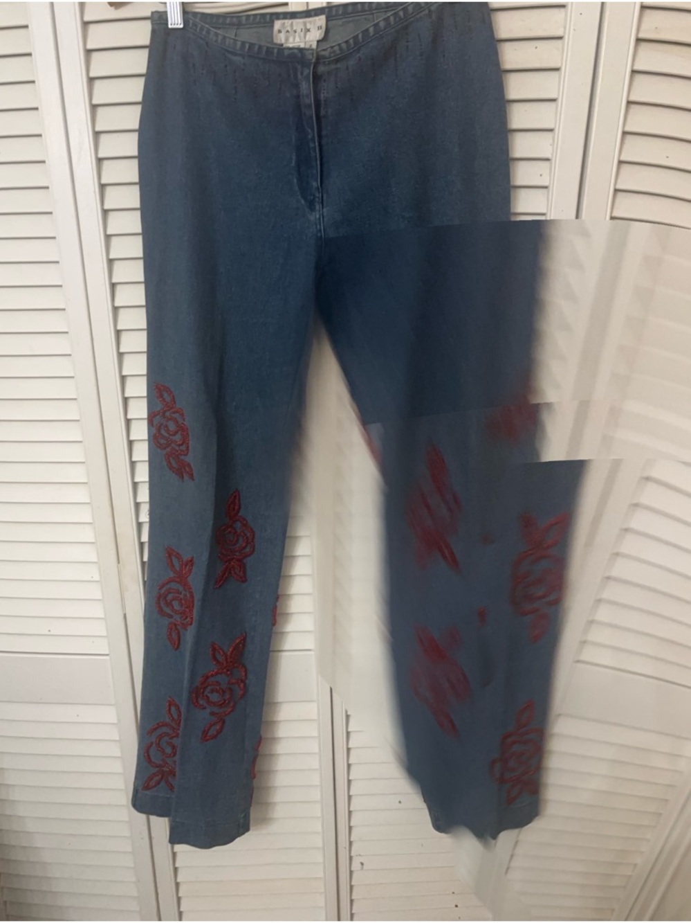 Women’s Blue Denim Jeans with Red Embroidered Accents - Picture 3 of 3